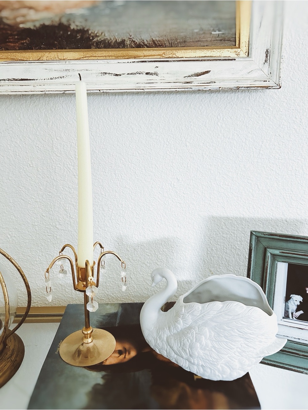 Vintage Brass Taper Candle Holder With Crystal Prisms